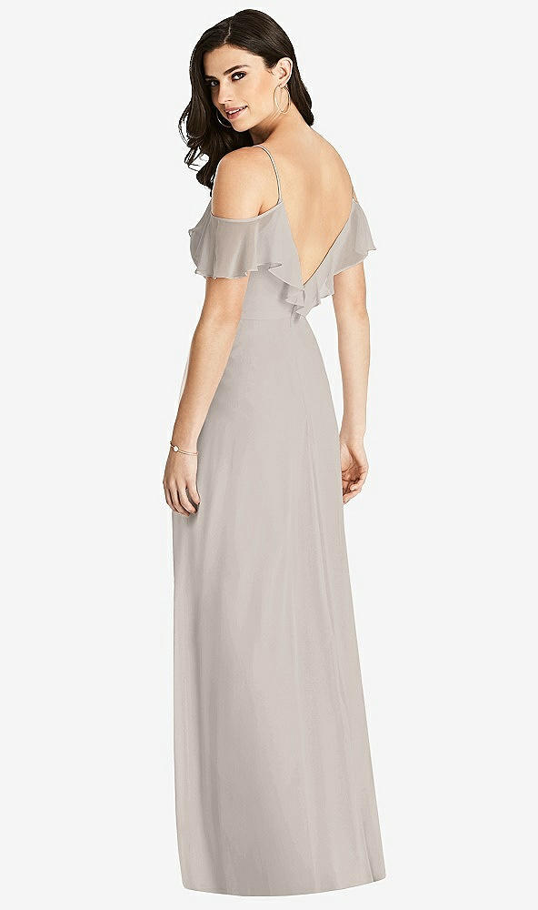 Back View - Taupe Ruffled Cold-Shoulder Chiffon Maxi Dress