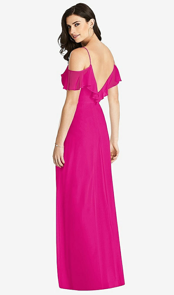 Back View - Think Pink Ruffled Cold-Shoulder Chiffon Maxi Dress