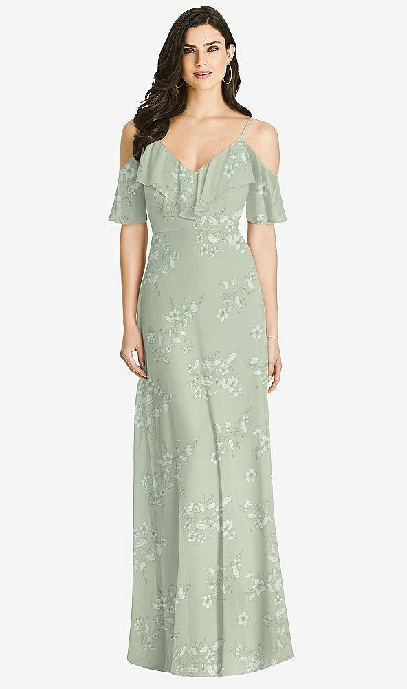 Front View - Vintage Primrose Sage Ruffled Cold-Shoulder Chiffon Maxi Dress