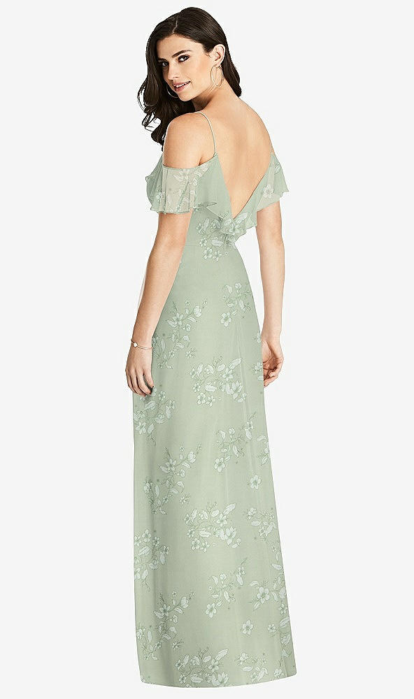 Back View - Vintage Primrose Sage Ruffled Cold-Shoulder Chiffon Maxi Dress