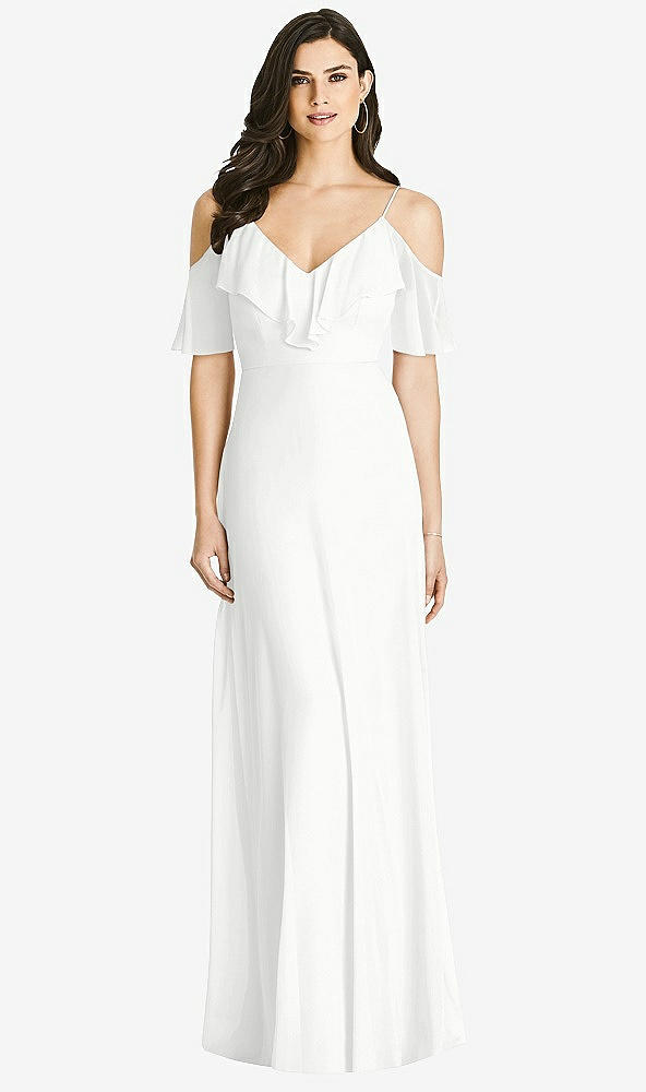 Front View - White Ruffled Cold-Shoulder Chiffon Maxi Dress