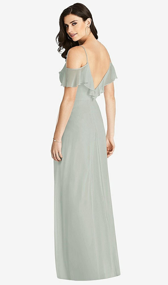 Back View - Willow Green Ruffled Cold-Shoulder Chiffon Maxi Dress