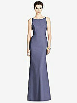 Rear View Thumbnail - French Blue Bateau-Neck Open Cowl-Back Trumpet Gown