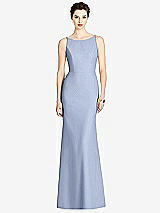 Rear View Thumbnail - Sky Blue Bateau-Neck Open Cowl-Back Trumpet Gown