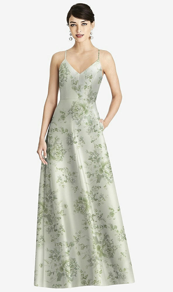 Front View - Sage Cottage Rose Criss Cross Back Floral Satin Maxi Dress with Full A-Line Skirt