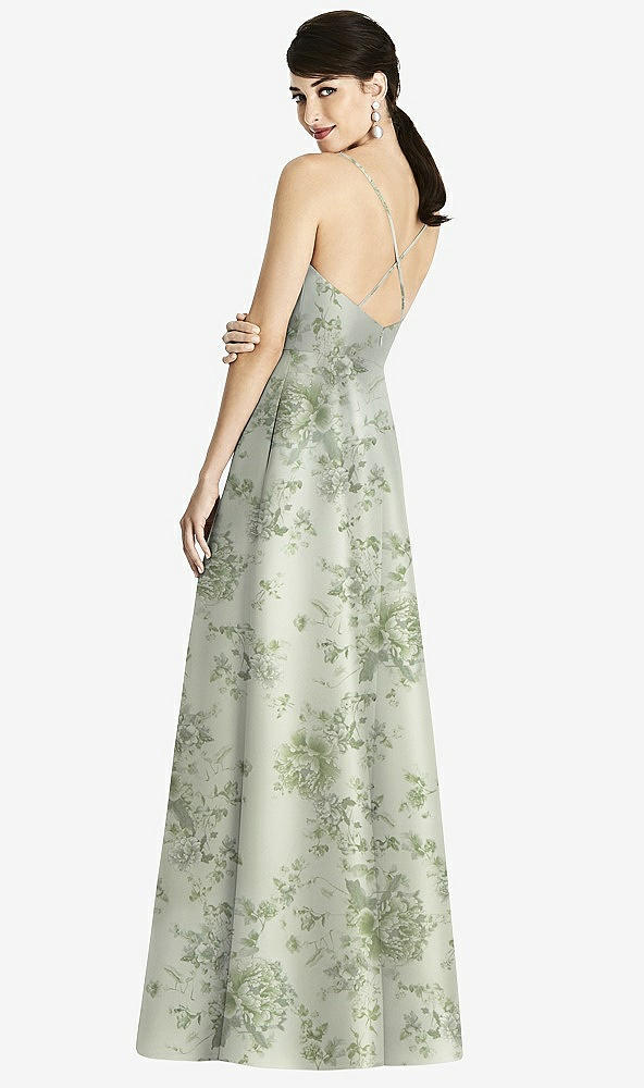 Back View - Sage Cottage Rose Criss Cross Back Floral Satin Maxi Dress with Full A-Line Skirt