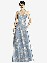 Front View Thumbnail - Porcelain Blue Seraphina Floral Criss Cross Back Floral Satin Maxi Dress with Full A-Line Skirt