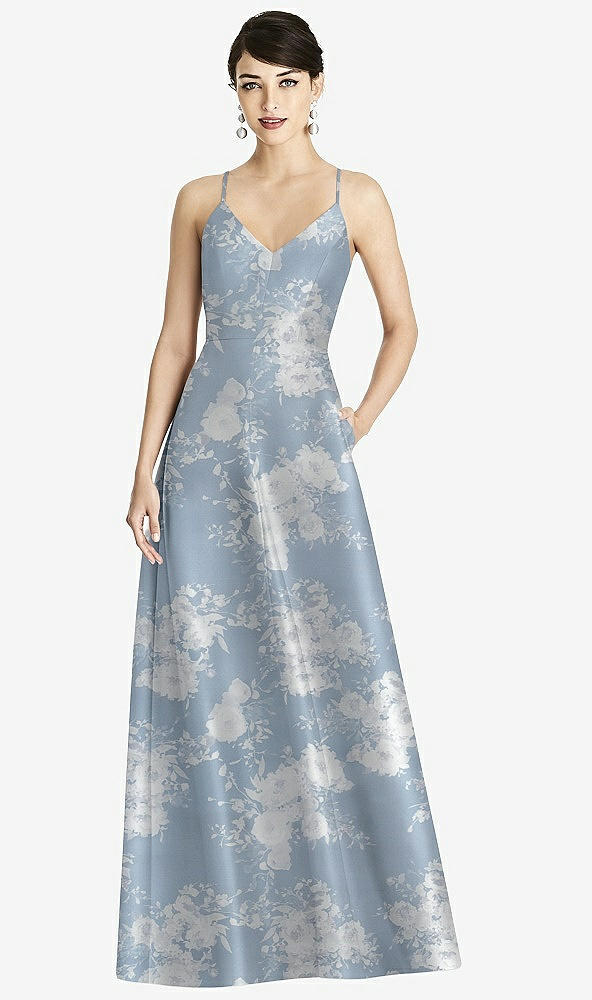 Front View - Porcelain Blue Seraphina Floral Criss Cross Back Floral Satin Maxi Dress with Full A-Line Skirt