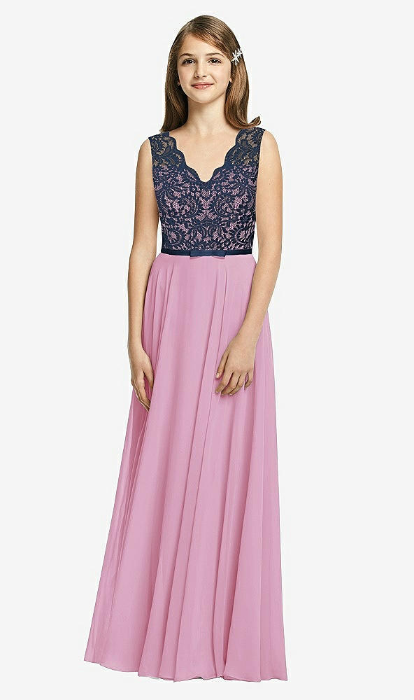 Front View - Powder Pink & Midnight Navy Dessy Collection Junior Bridesmaid Dress JR542