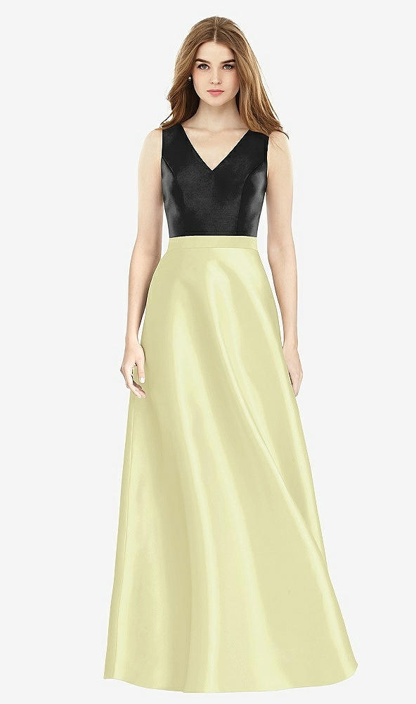 Front View - Butter Yellow & Black Sleeveless A-Line Satin Dress with Pockets