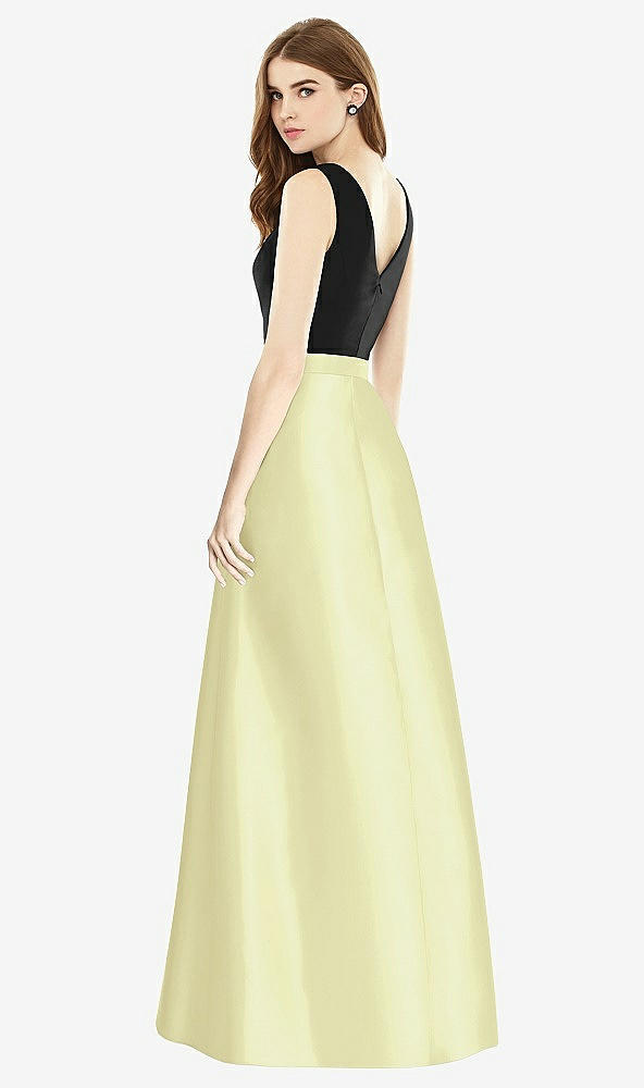 Back View - Butter Yellow & Black Sleeveless A-Line Satin Dress with Pockets