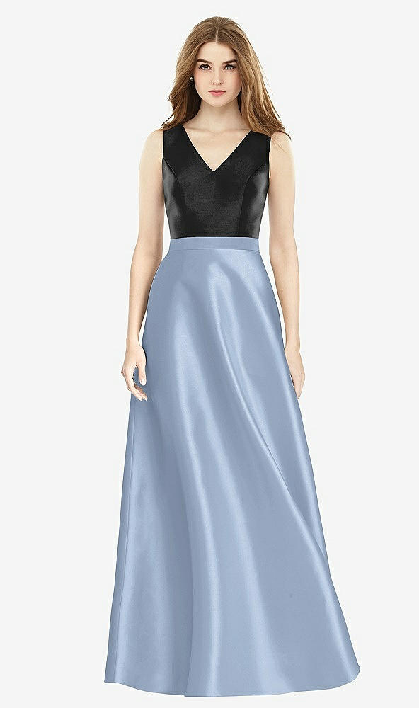 Front View - Cloudy & Black Sleeveless A-Line Satin Dress with Pockets