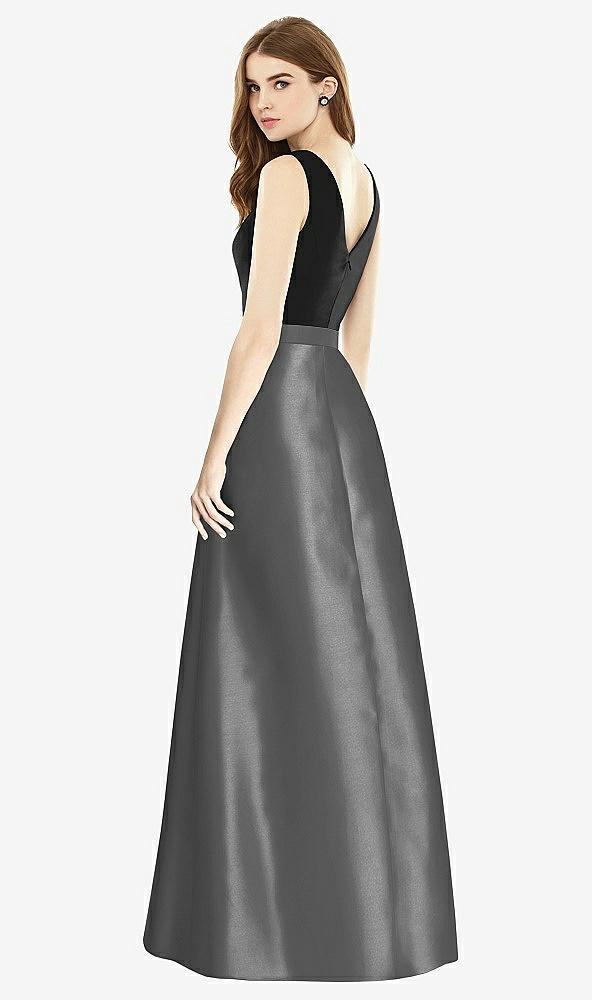 Back View - Gunmetal & Black Sleeveless A-Line Satin Dress with Pockets