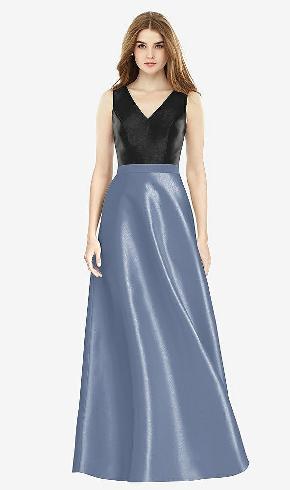 Front View - Larkspur Blue & Black Sleeveless A-Line Satin Dress with Pockets