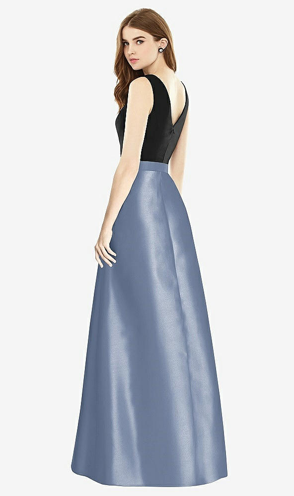 Back View - Larkspur Blue & Black Sleeveless A-Line Satin Dress with Pockets