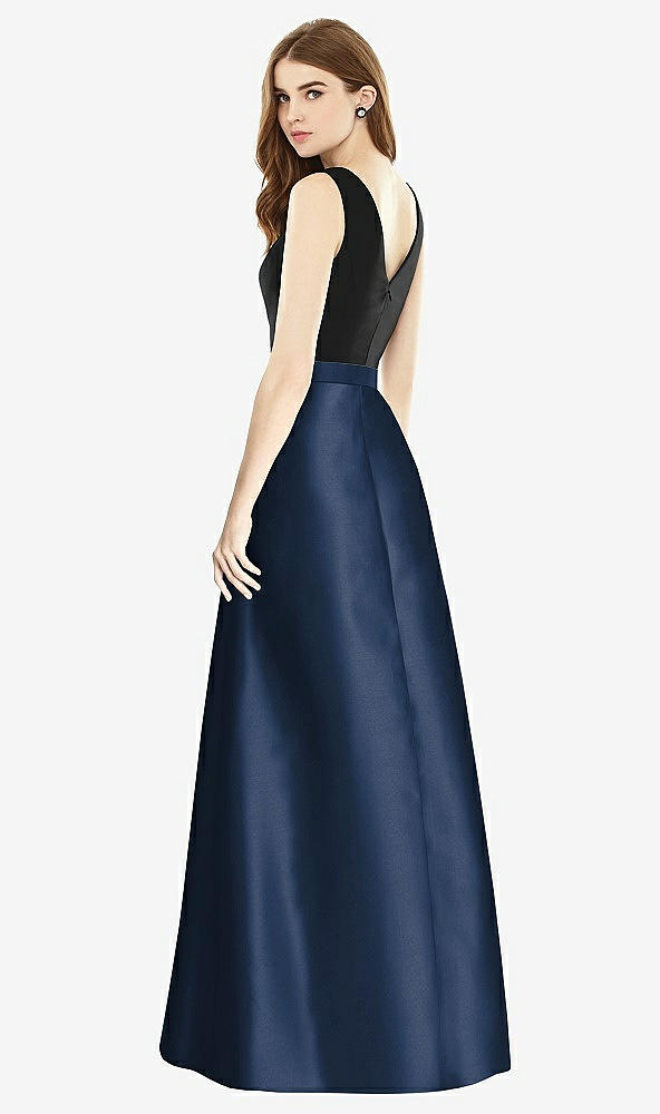 Back View - Midnight Navy & Black Sleeveless A-Line Satin Dress with Pockets