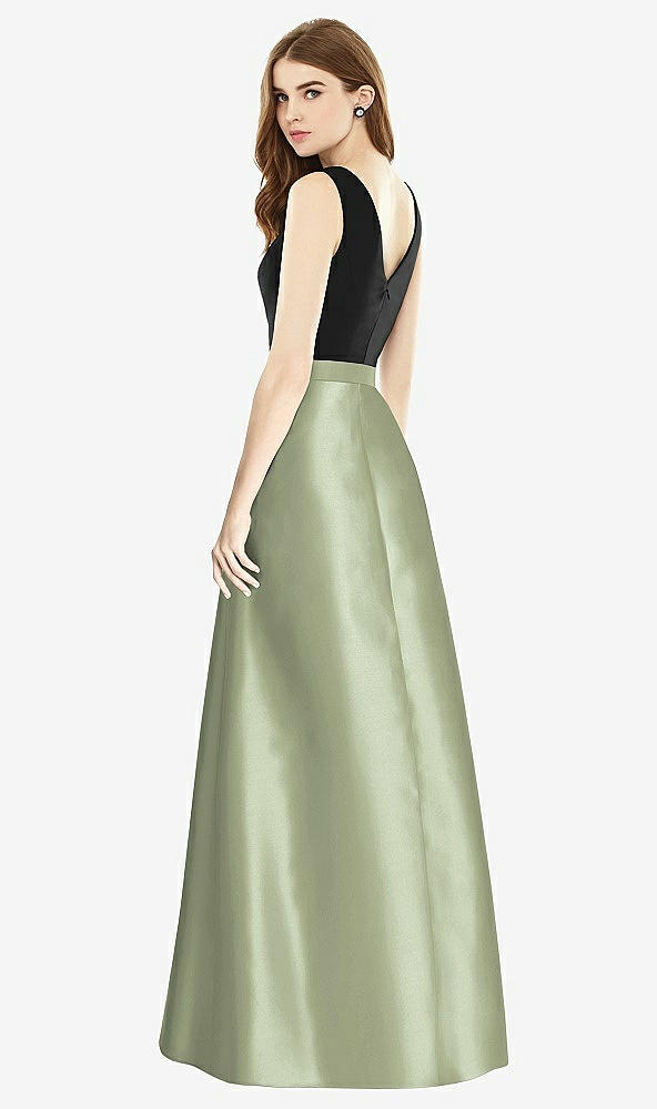 Back View - Sage & Black Sleeveless A-Line Satin Dress with Pockets