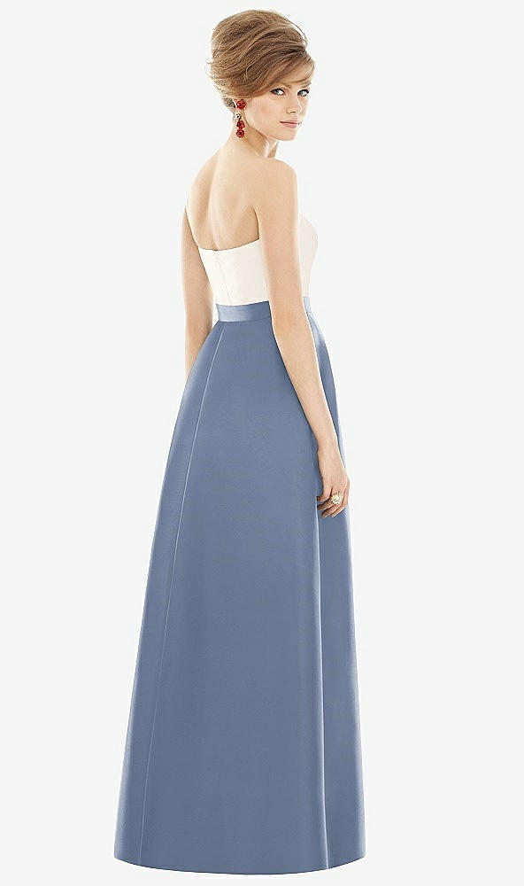 Back View - Larkspur Blue & Ivory Strapless Pleated Skirt Maxi Dress with Pockets