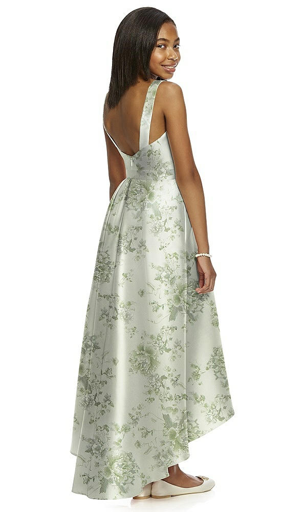 Back View - Sage Cottage Rose Floral Bateau Neck High-Low Junior Bridesmaid Dress with Pockets