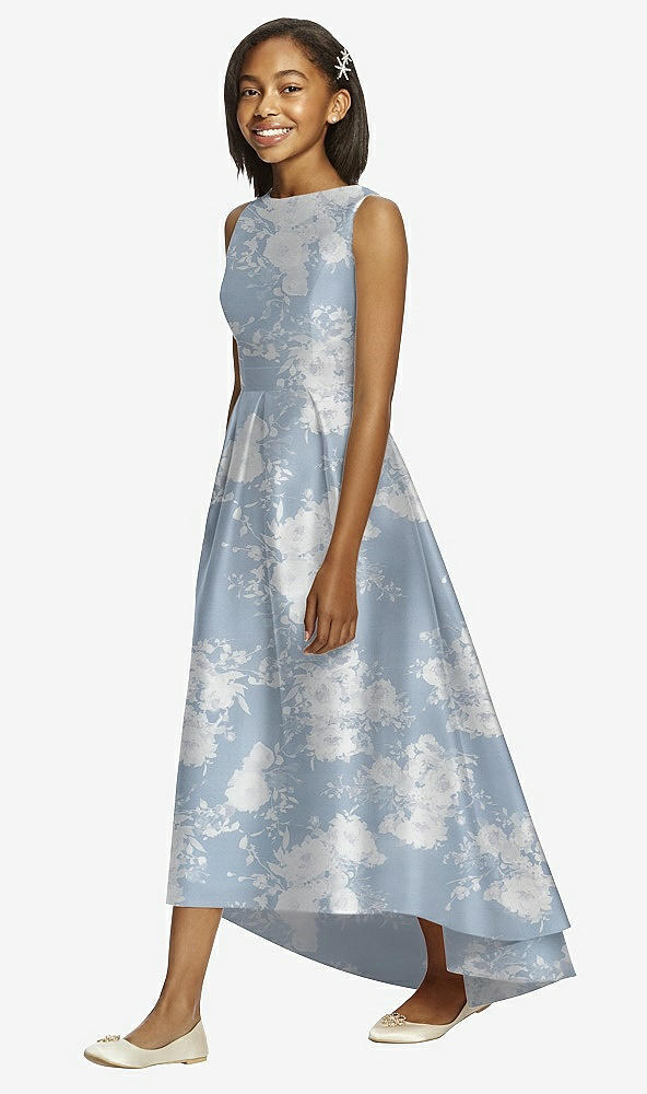 Front View - Porcelain Blue Seraphina Floral Floral Bateau Neck High-Low Junior Bridesmaid Dress with Pockets