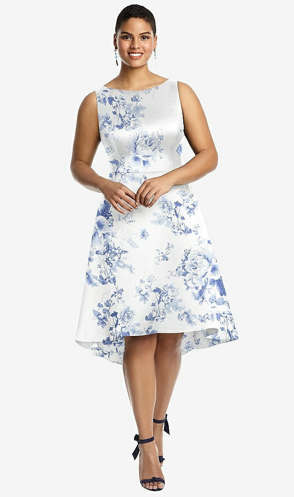 Front View - Cottage Rose Larkspur Bateau Neck High Low Floral Satin Cocktail Dress