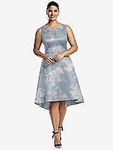 Front View Thumbnail - Porcelain Blue Seraphina Floral Bateau Neck High Low Floral Satin Cocktail Dress