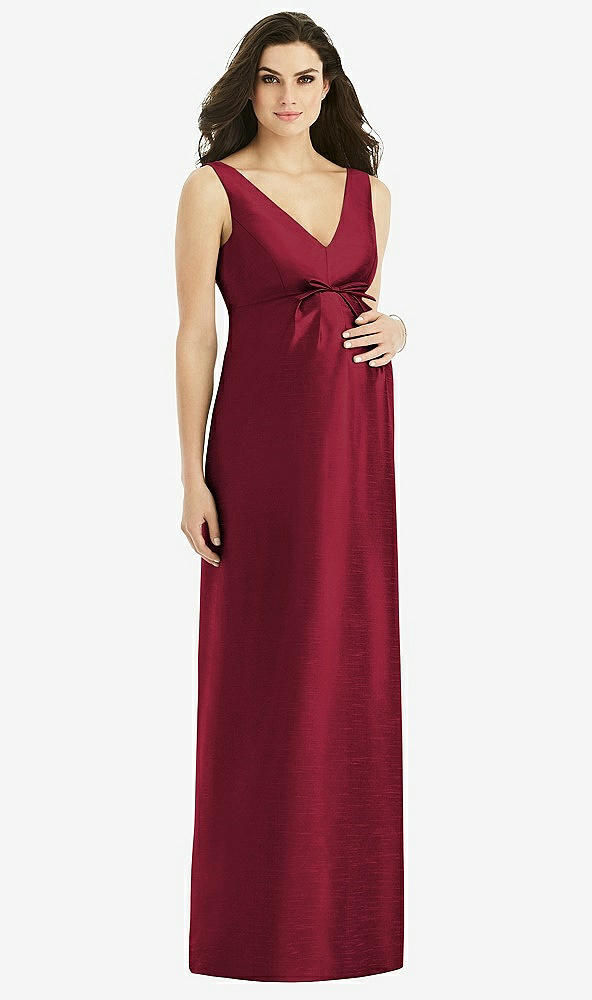 Front View - Burgundy Sleeveless Satin Twill Maternity Dress