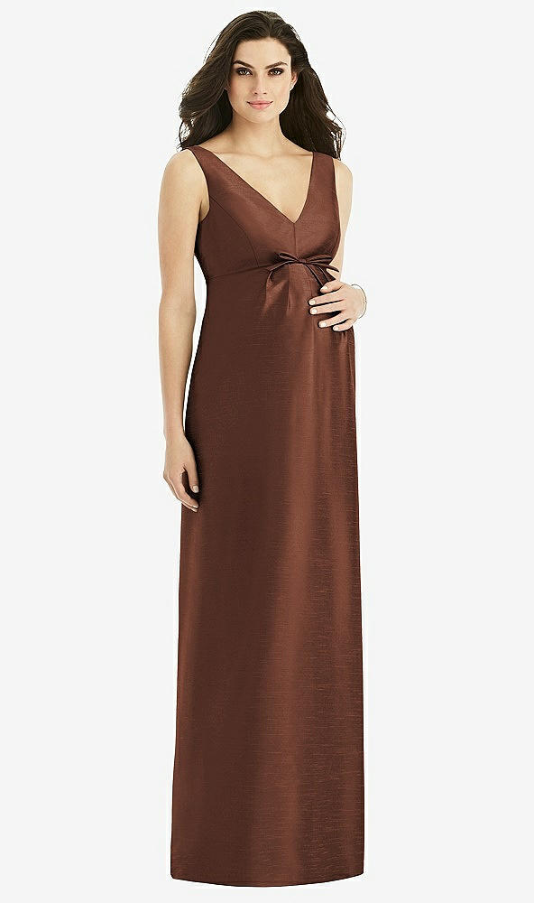 Front View - Cognac Sleeveless Satin Twill Maternity Dress