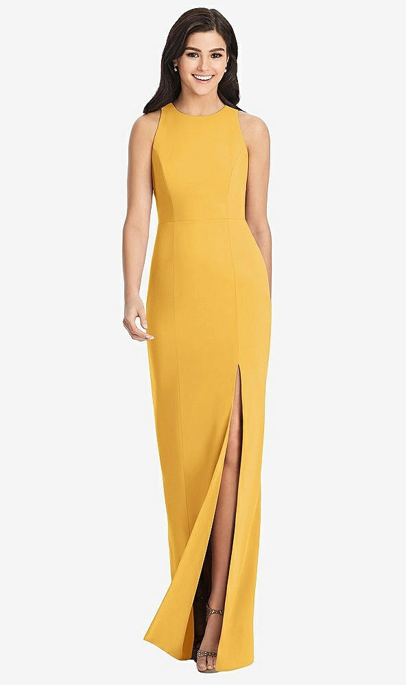 Front View - NYC Yellow Diamond Cutout Back Trumpet Gown with Front Slit