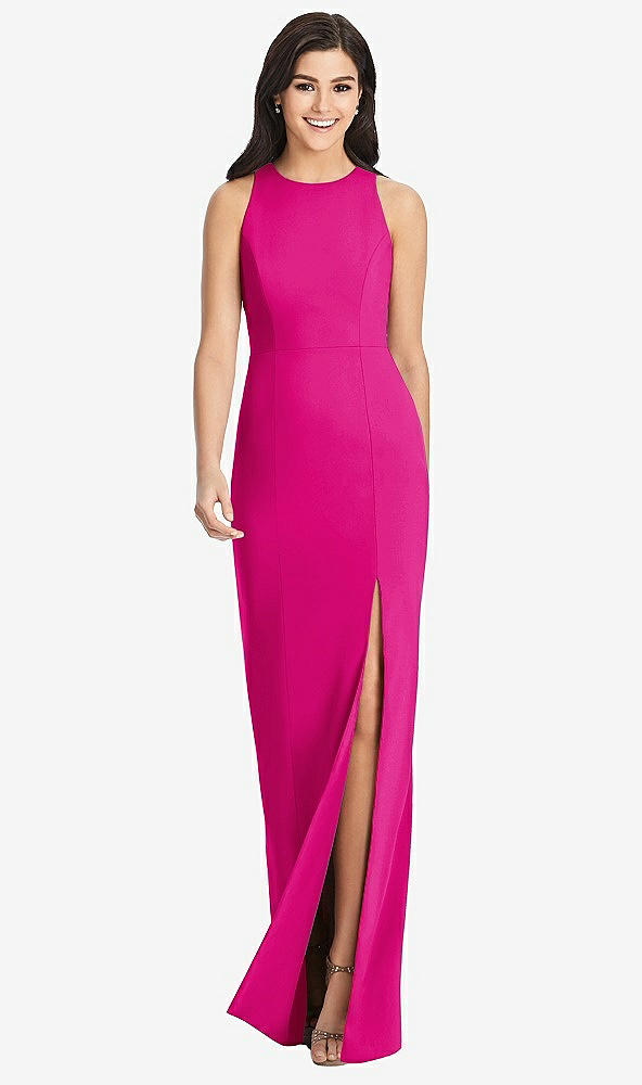 Front View - Think Pink Diamond Cutout Back Trumpet Gown with Front Slit