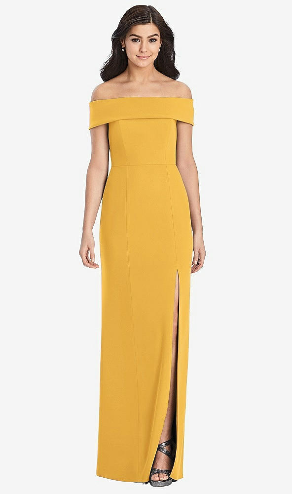 Front View - NYC Yellow Cuffed Off-the-Shoulder Trumpet Gown