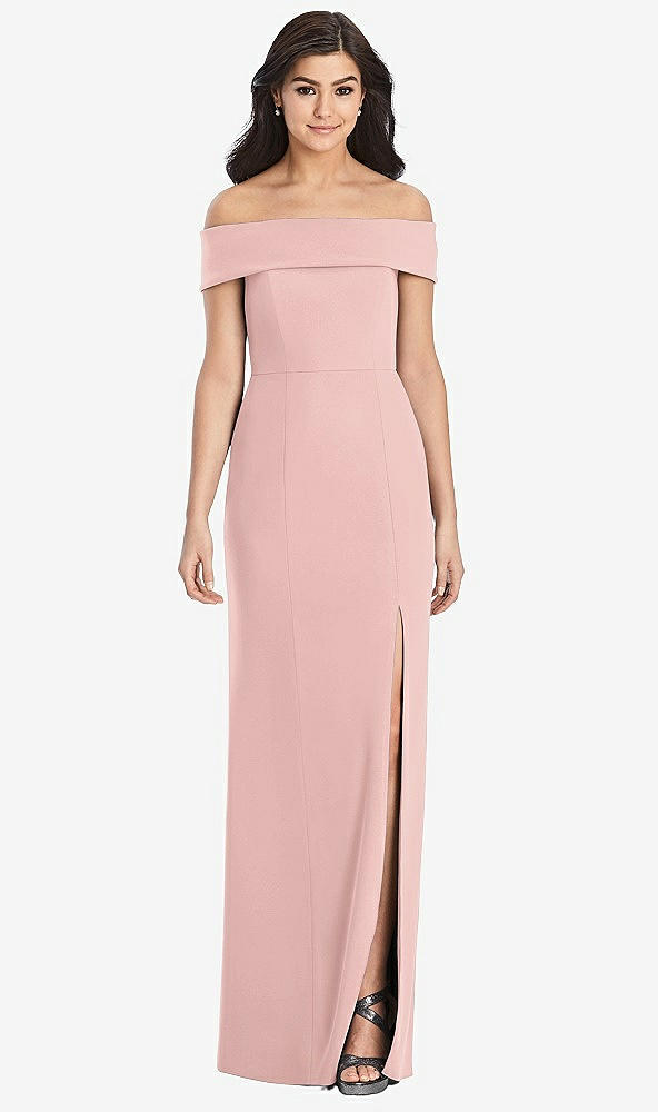 Front View - Rose - PANTONE Rose Quartz Cuffed Off-the-Shoulder Trumpet Gown