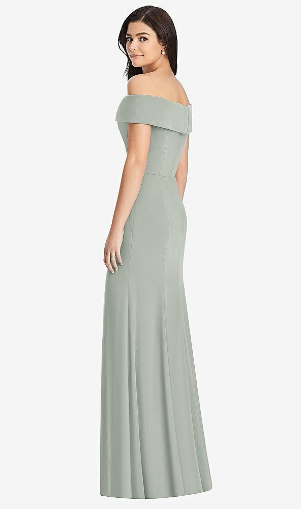 Back View - Willow Green Cuffed Off-the-Shoulder Trumpet Gown