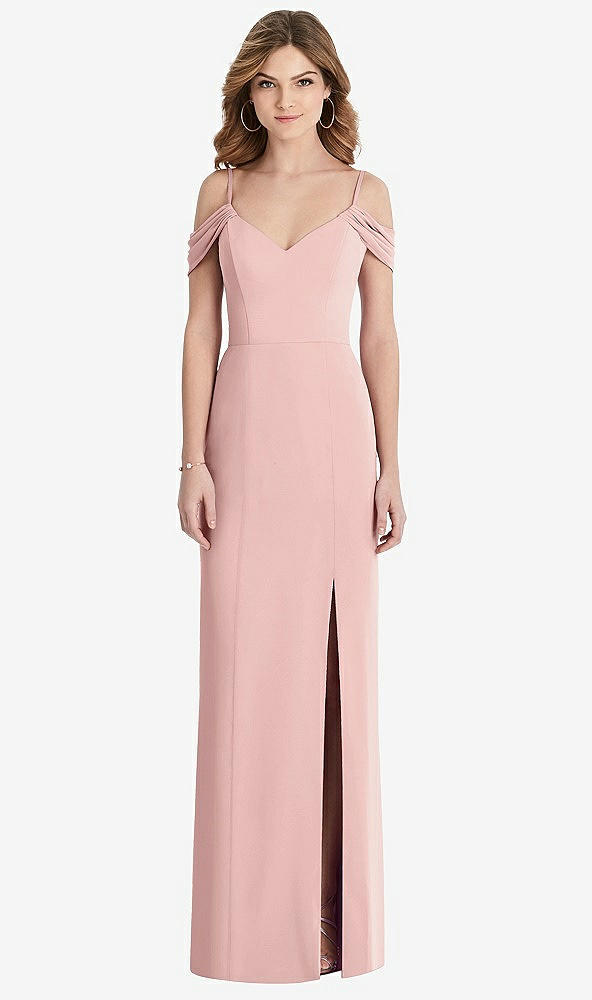 Front View - Rose - PANTONE Rose Quartz Off-the-Shoulder Chiffon Trumpet Gown with Front Slit