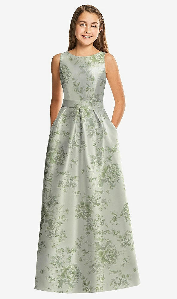 Front View - Sage Cottage Rose Floral Bateau Neck Maxi Junior Bridesmaid Dress with Pockets