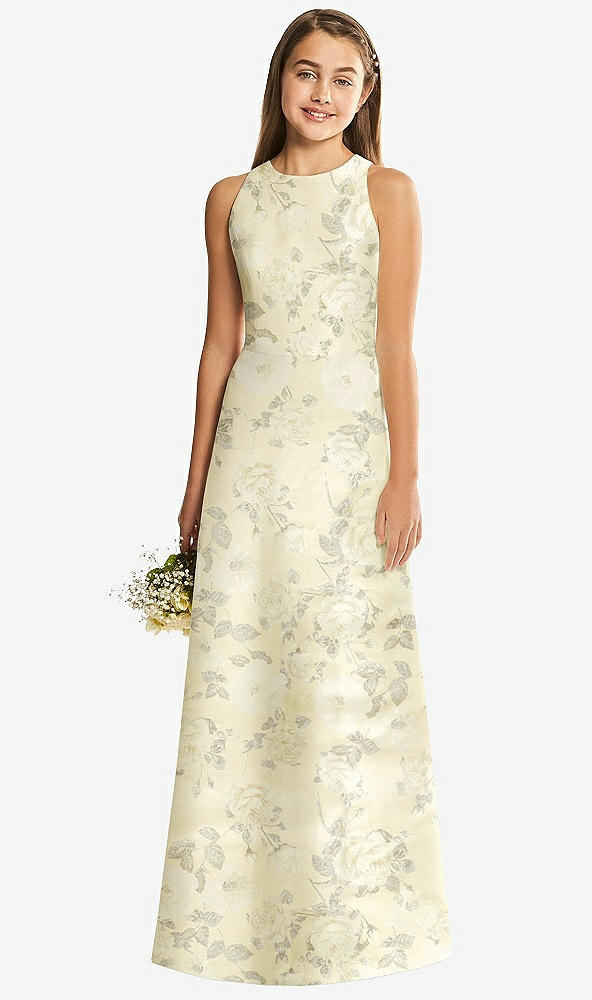 Front View - Butter Yellow Floral Floral Sleeveless Open-Back Satin Junior Bridesmaid Dress