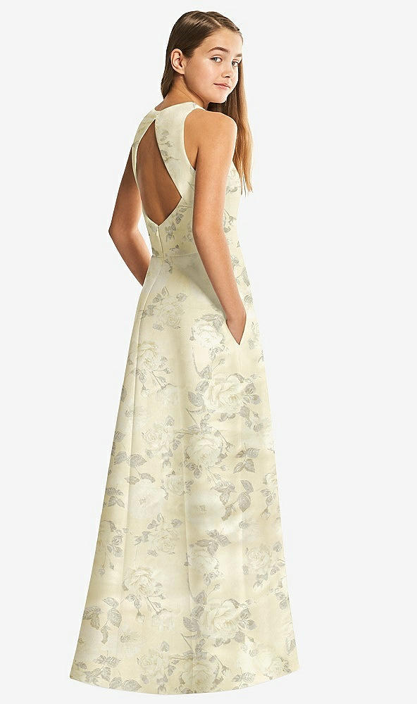 Back View - Butter Yellow Floral Floral Sleeveless Open-Back Satin Junior Bridesmaid Dress