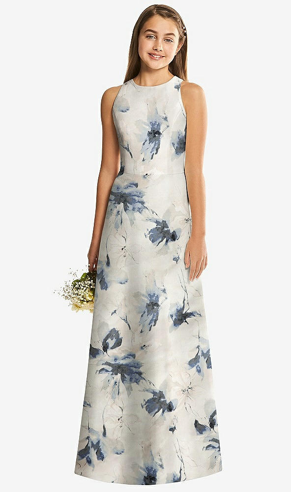Front View - Inkwash Blue Floral Floral Sleeveless Open-Back Satin Junior Bridesmaid Dress
