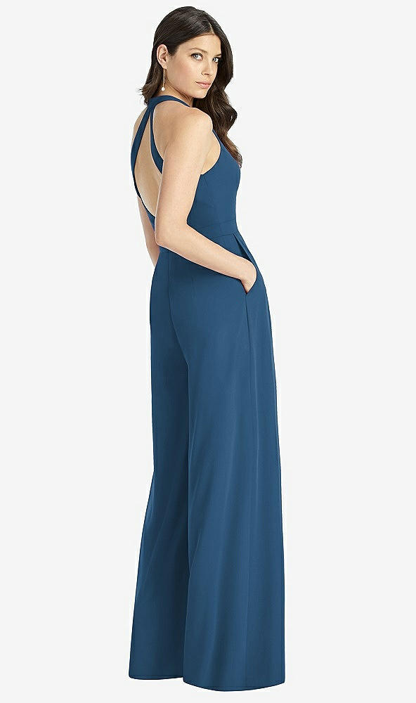 Back View - Dusk Blue V-Neck Backless Pleated Front Jumpsuit