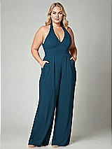 Alt View 1 Thumbnail - Atlantic Blue V-Neck Backless Pleated Front Jumpsuit