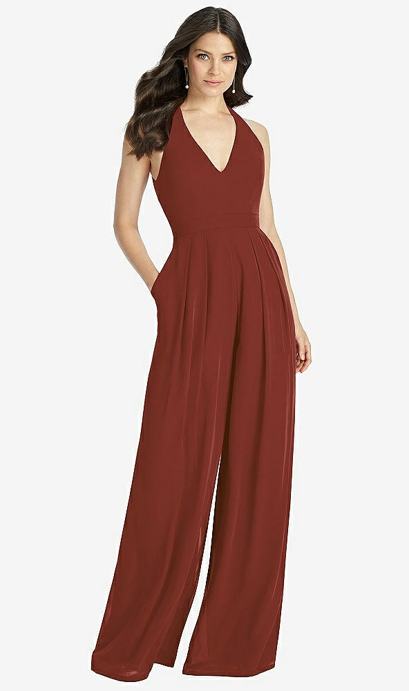 Front View - Auburn Moon V-Neck Backless Pleated Front Jumpsuit