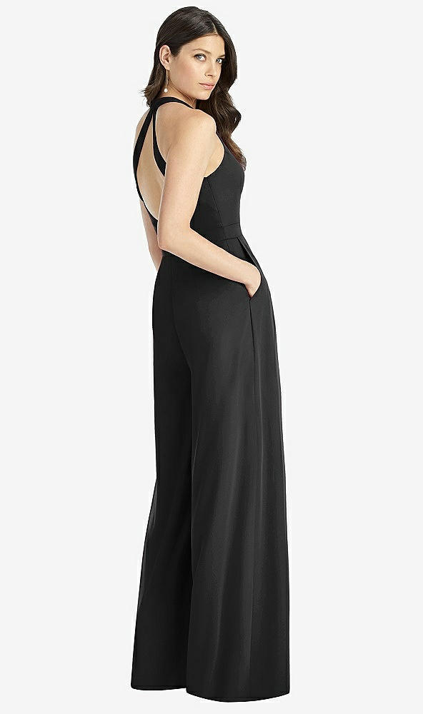 Back View - Black V-Neck Backless Pleated Front Jumpsuit