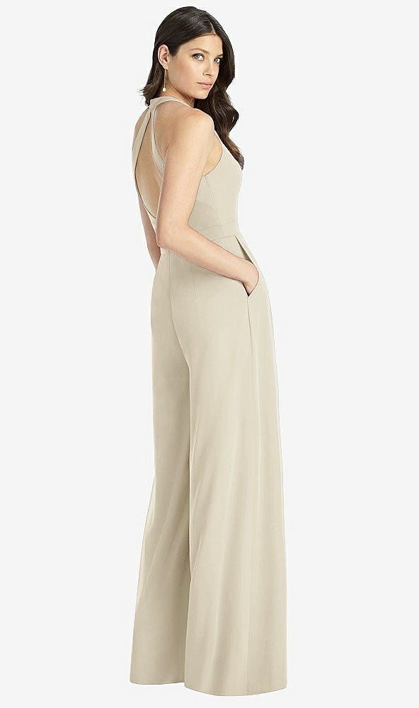 Back View - Champagne V-Neck Backless Pleated Front Jumpsuit