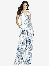 Front View Thumbnail - Cottage Rose Dusk Blue V-Neck Backless Pleated Front Jumpsuit