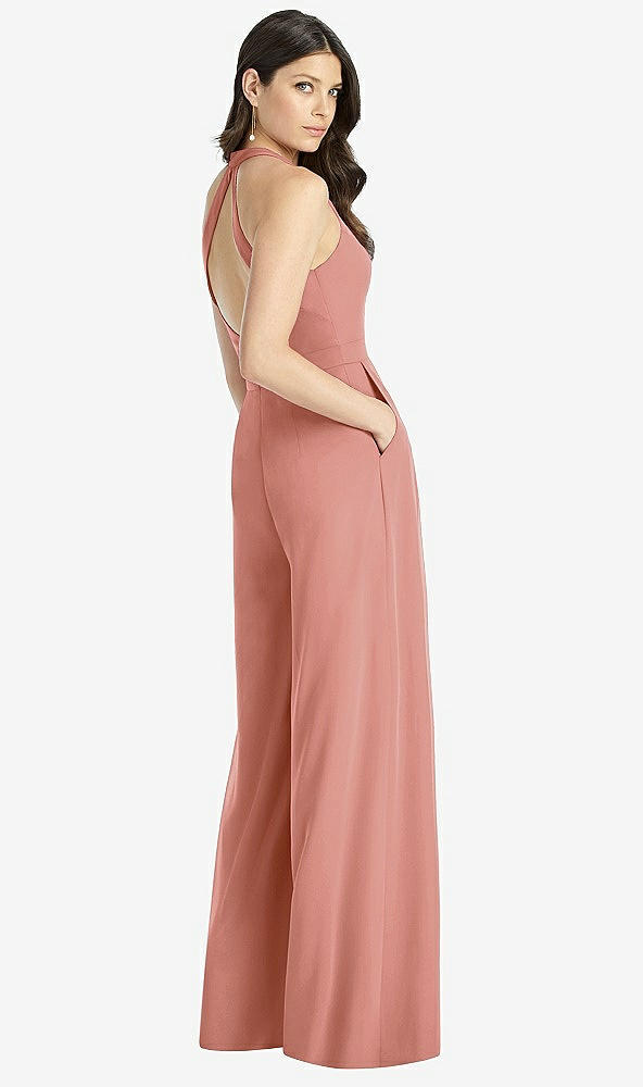 Back View - Desert Rose V-Neck Backless Pleated Front Jumpsuit