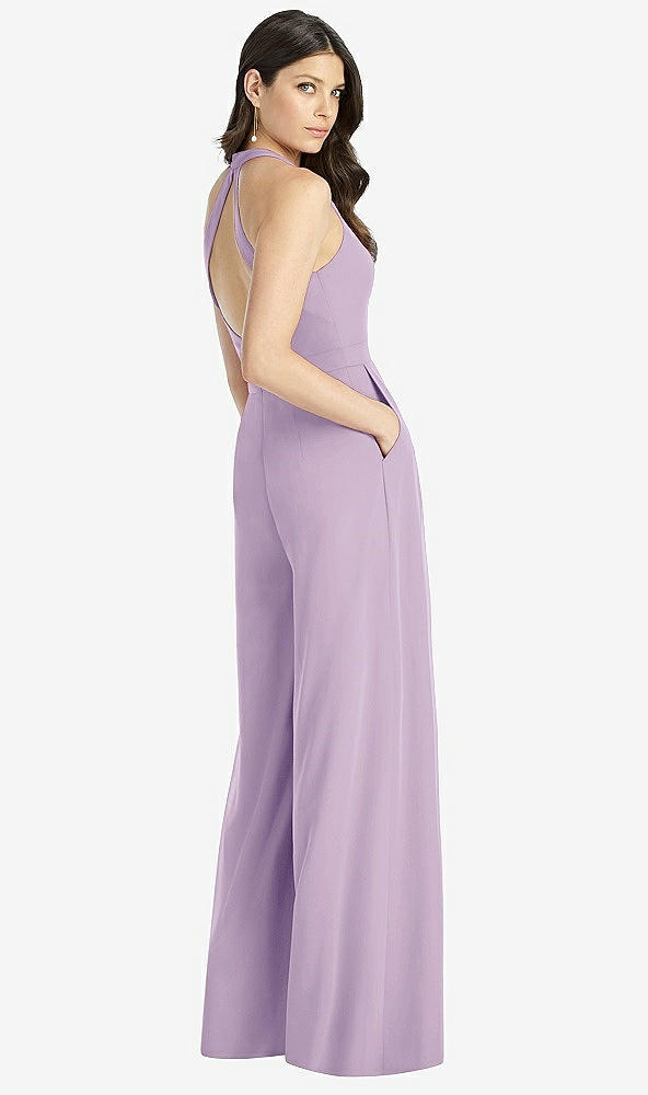 Back View - Pale Purple V-Neck Backless Pleated Front Jumpsuit