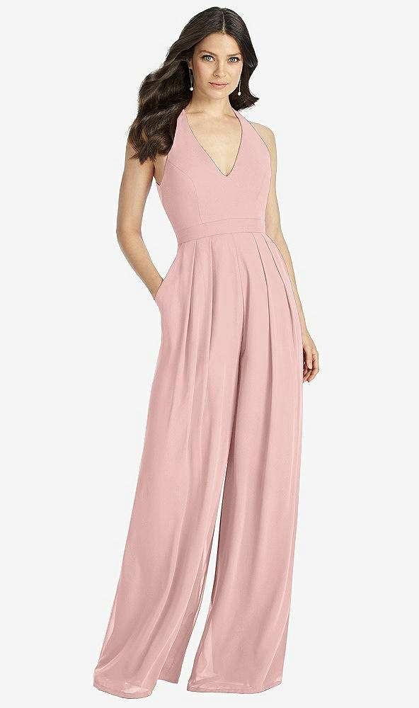 Front View - Rose - PANTONE Rose Quartz V-Neck Backless Pleated Front Jumpsuit