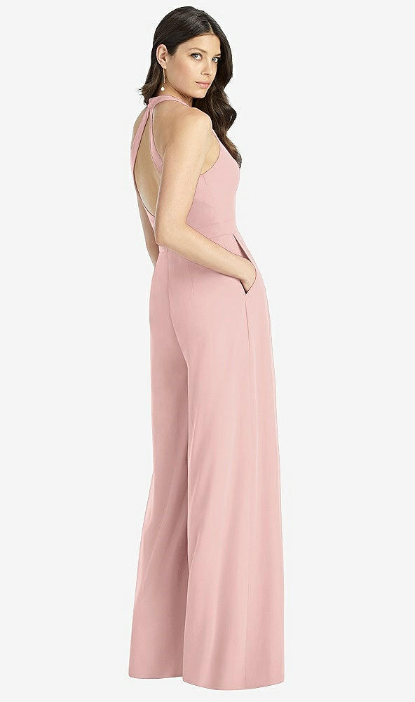 Back View - Rose - PANTONE Rose Quartz V-Neck Backless Pleated Front Jumpsuit