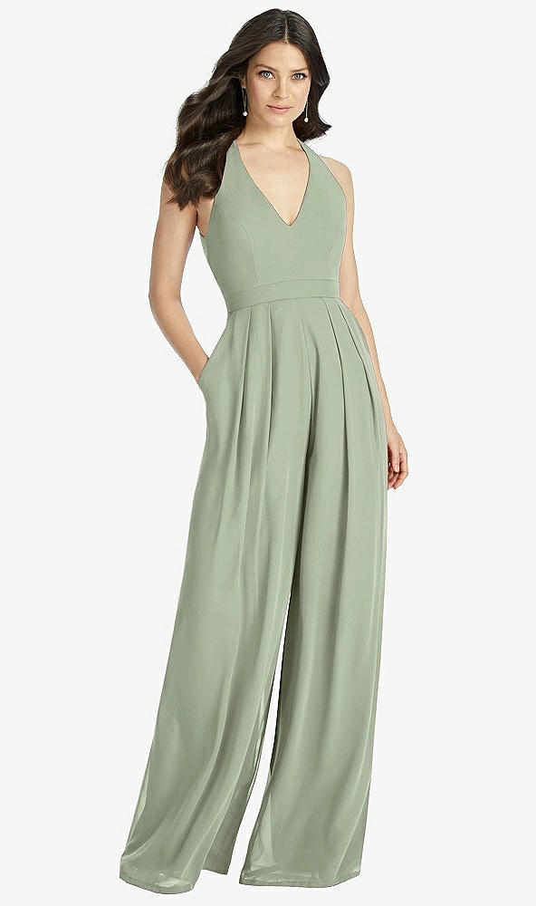 Front View - Sage V-Neck Backless Pleated Front Jumpsuit