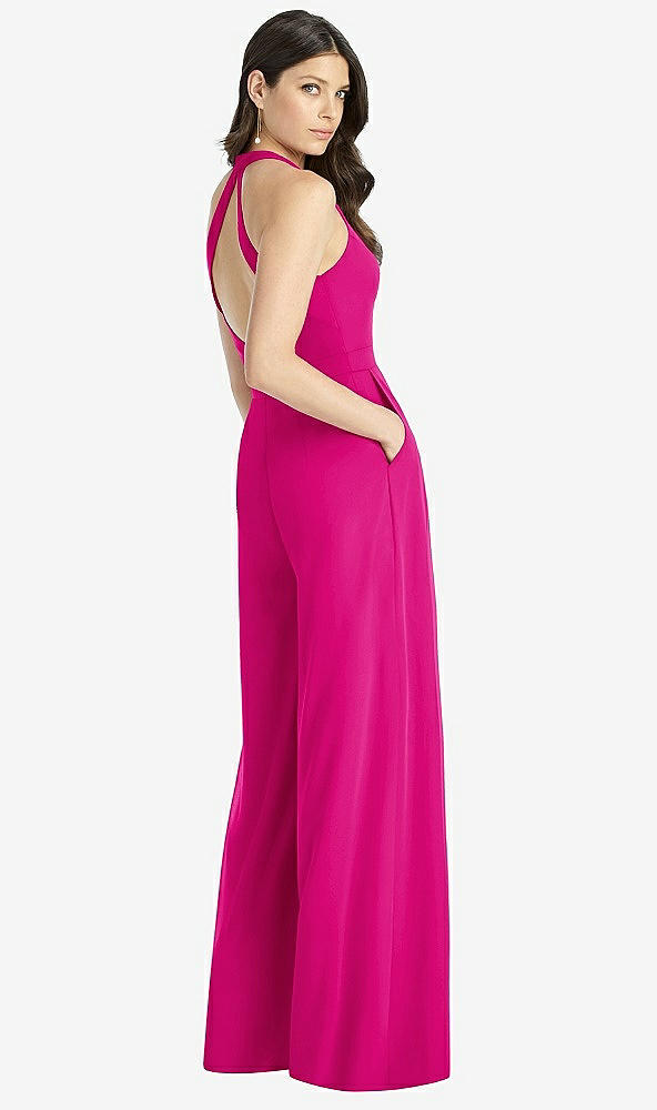 Back View - Think Pink V-Neck Backless Pleated Front Jumpsuit